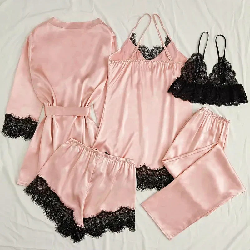Women's Satin Sleepwear Pajama Set Pink Sexy Lingerie Bath Robe Lace Patchwork Silk Night Dress Trousers Home Clothed Nightwear