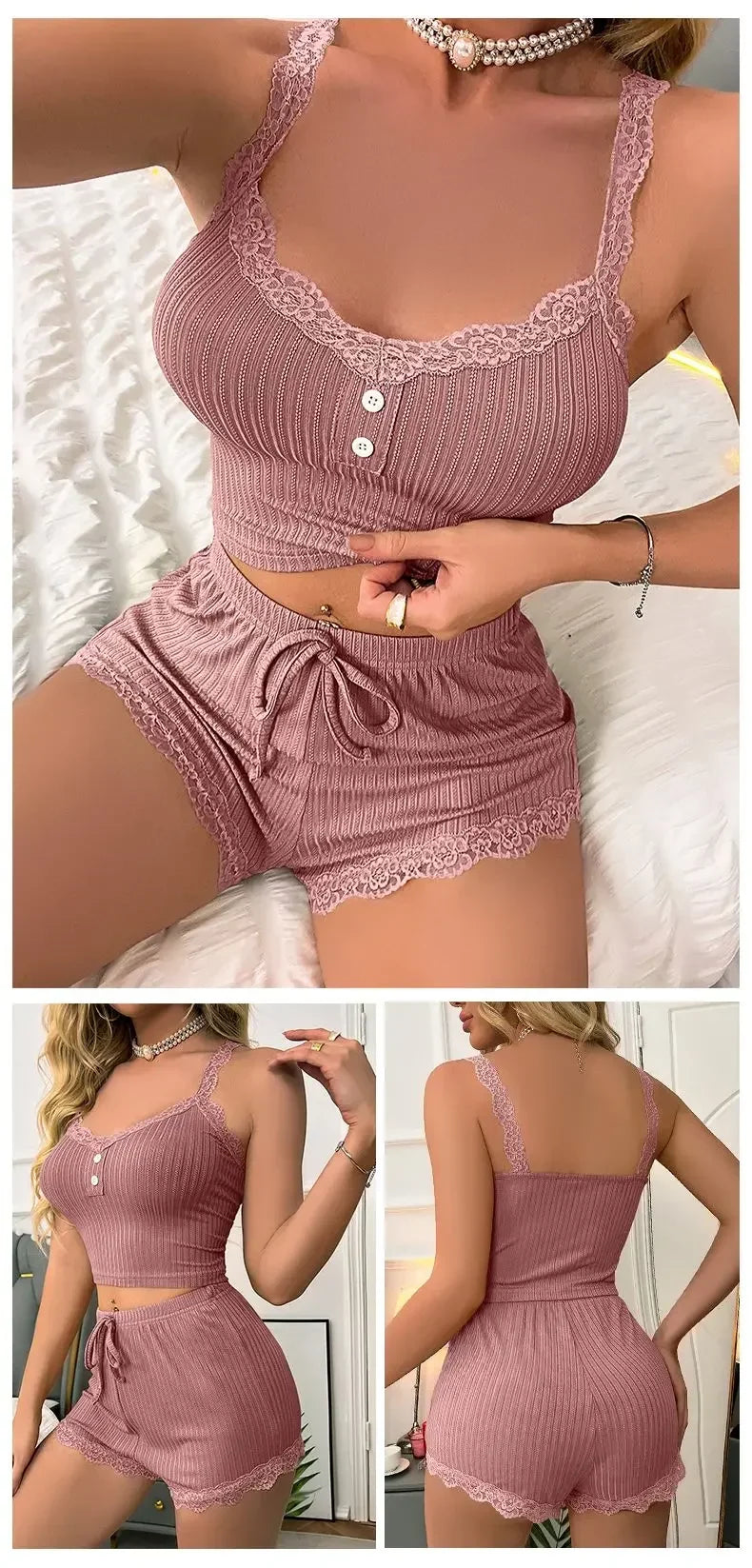 Women Sexy Pajama Set Ribbed Lace Trim Camisole Top & Shorts Summer Sleepwear Two Piece Lounge Nightwear