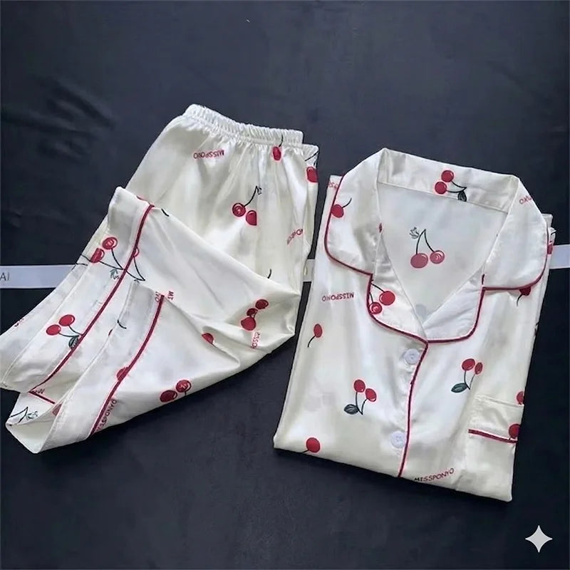 Cherry Print Silk Pajamas Set for Women Summer Short Sleeve Shirt and Shorts Two Pieces Sleepwear Homewear Nightwear