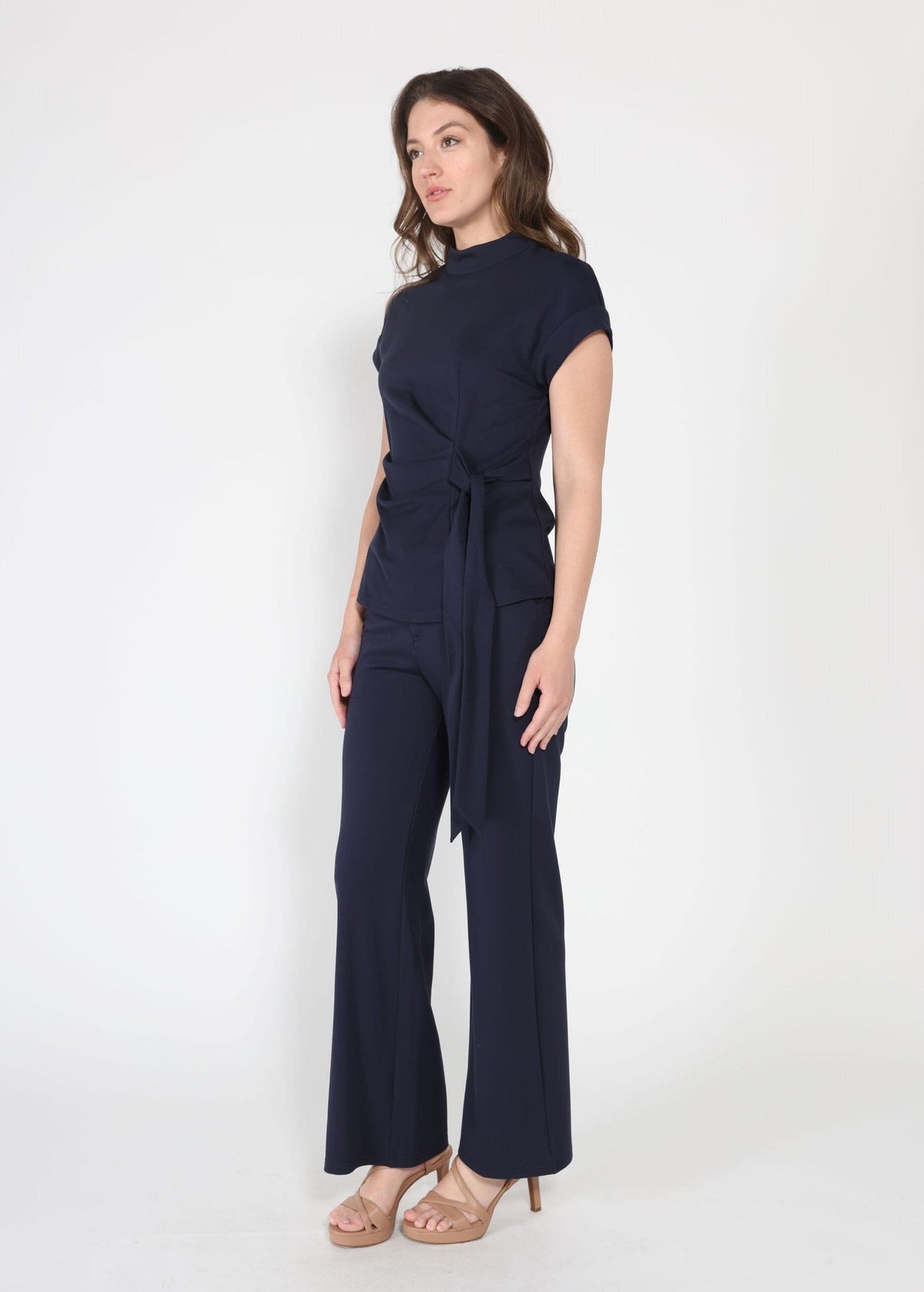 Gracia Fashion Women's High neck tie detail short sleeve solid top