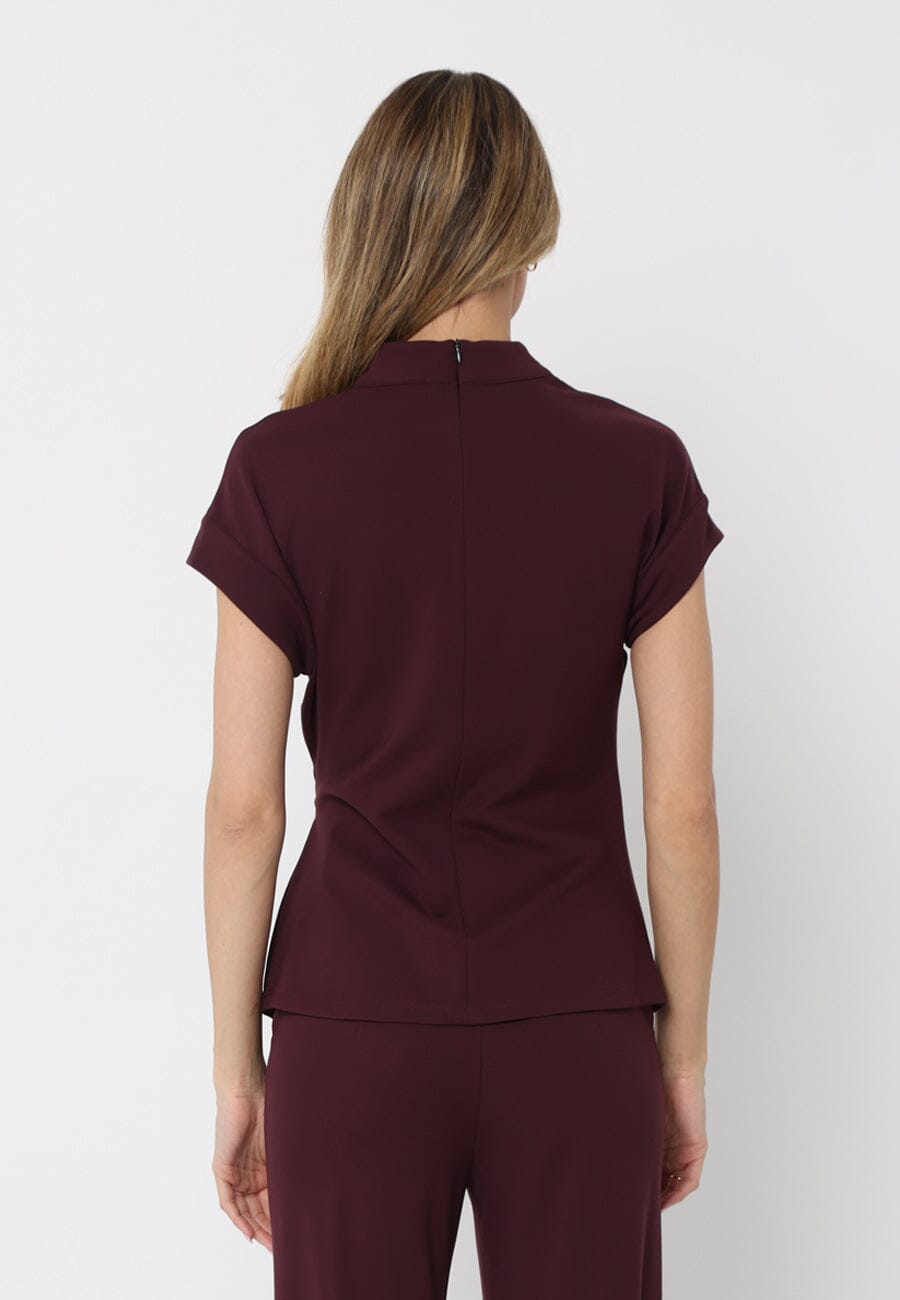 Gracia Fashion Women's High neck tie detail short sleeve solid top