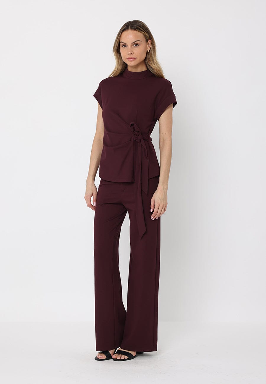Gracia Fashion Women's High neck tie detail short sleeve solid top