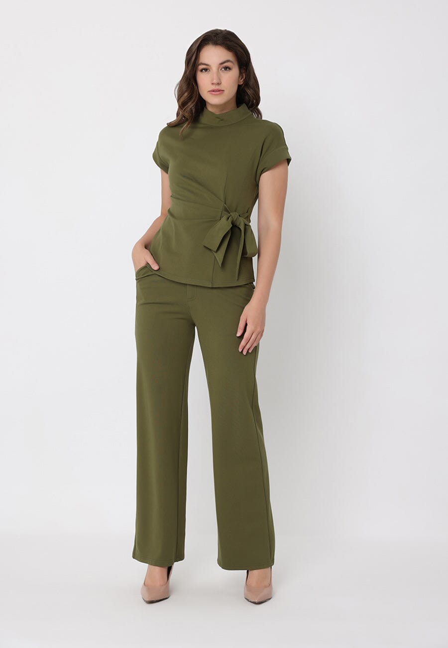 Gracia Fashion Women's High neck tie detail short sleeve solid top