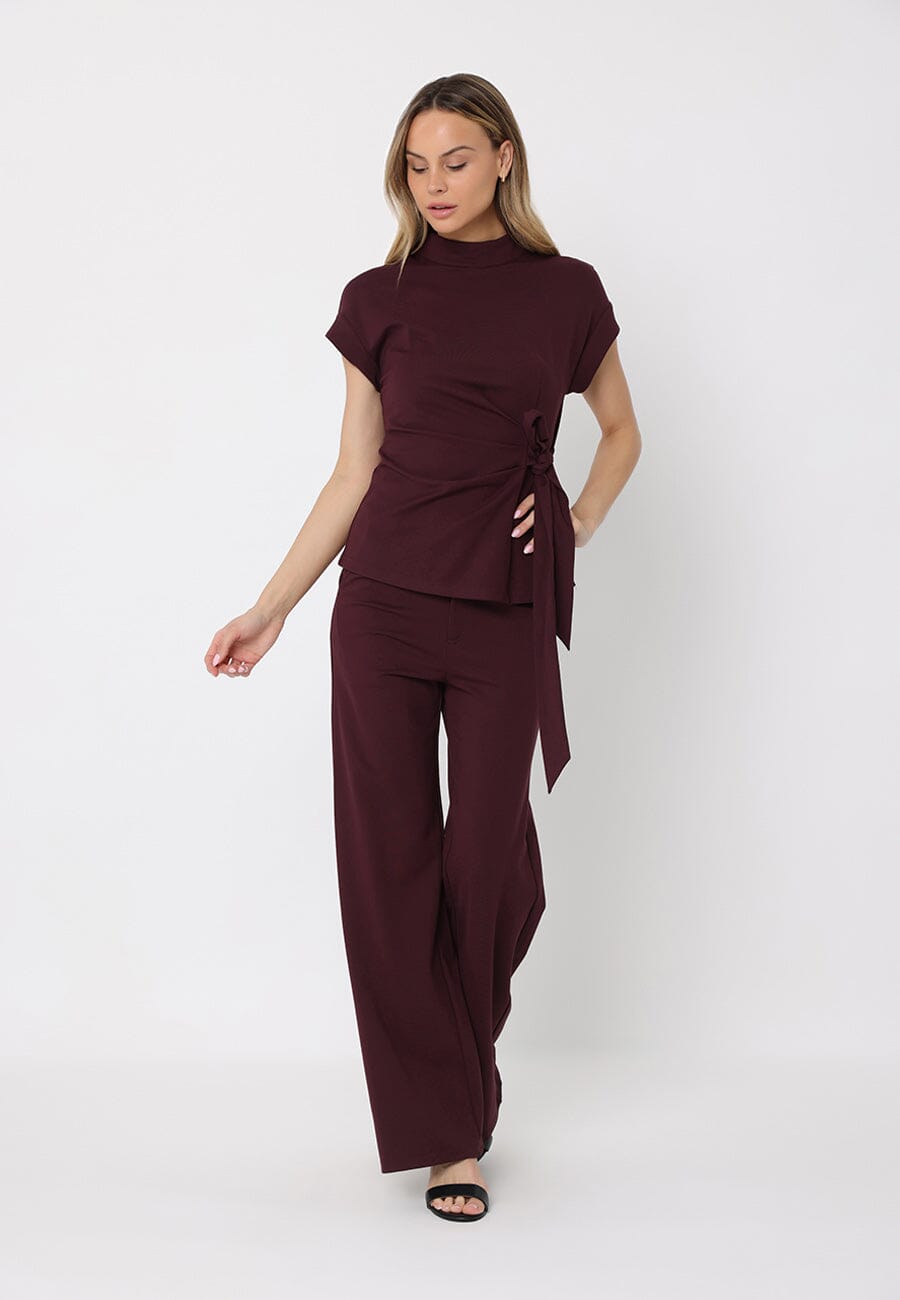 Gracia Fashion Women's High neck tie detail short sleeve solid top