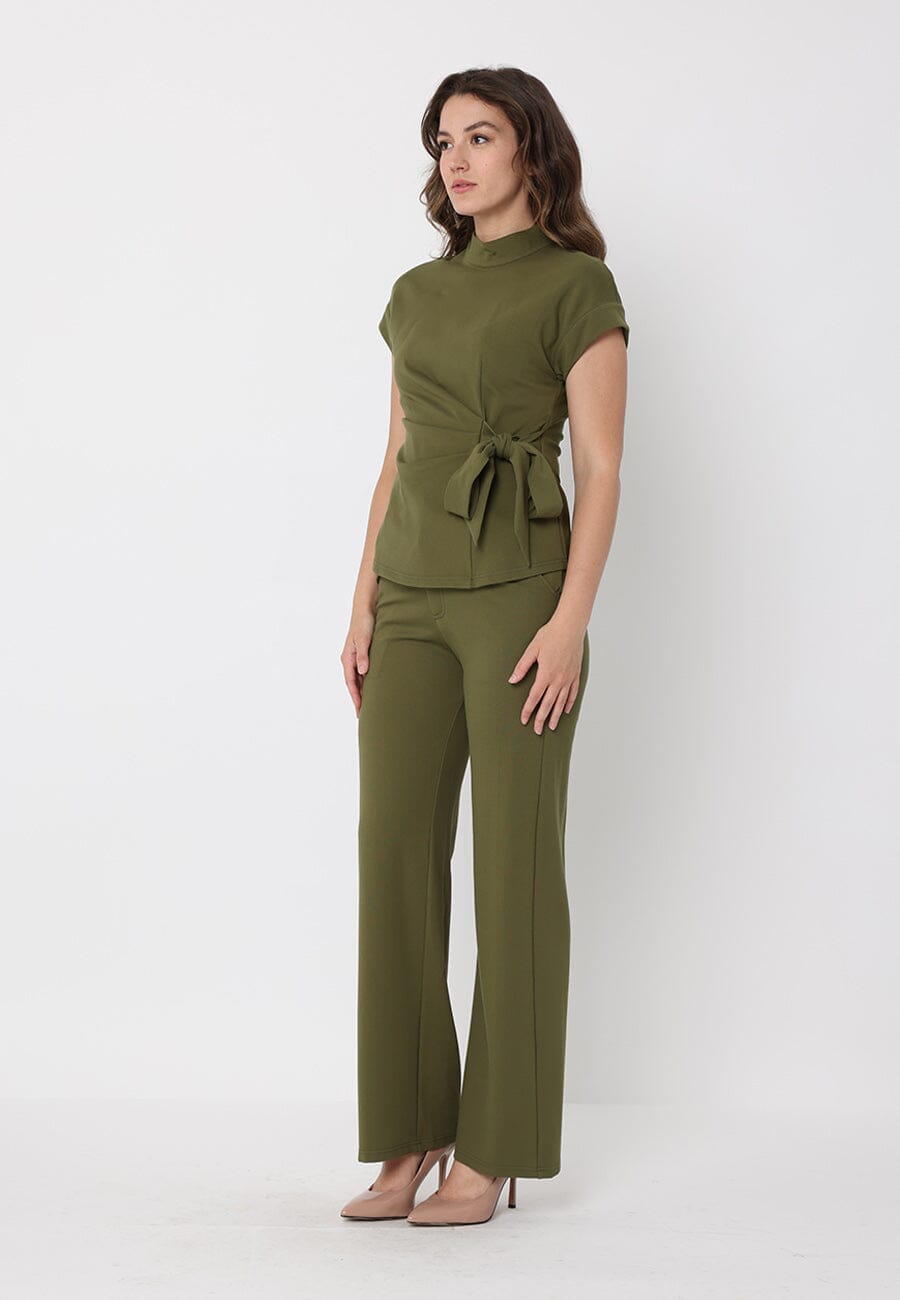 Gracia Fashion Women's High neck tie detail short sleeve solid top