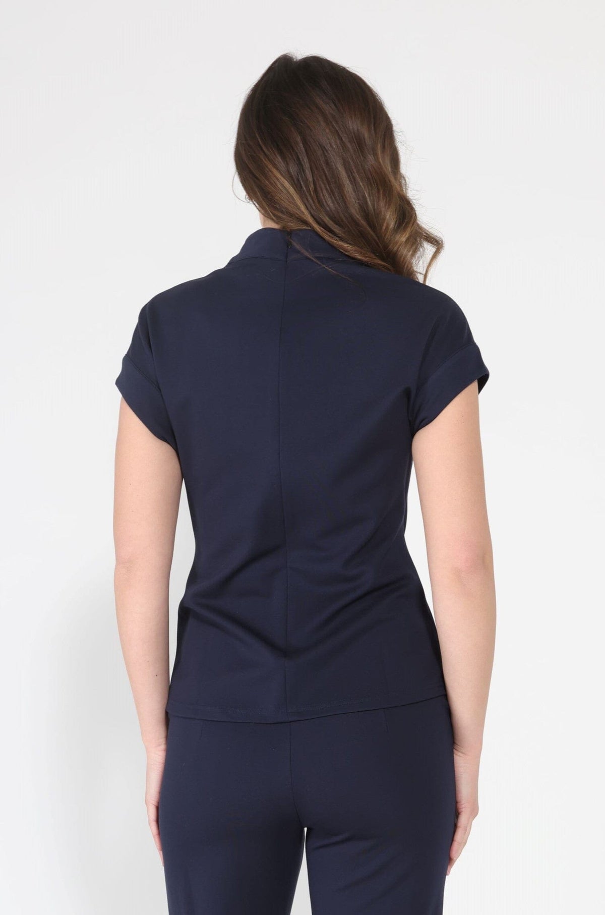 Gracia Fashion Women's High neck tie detail short sleeve solid top