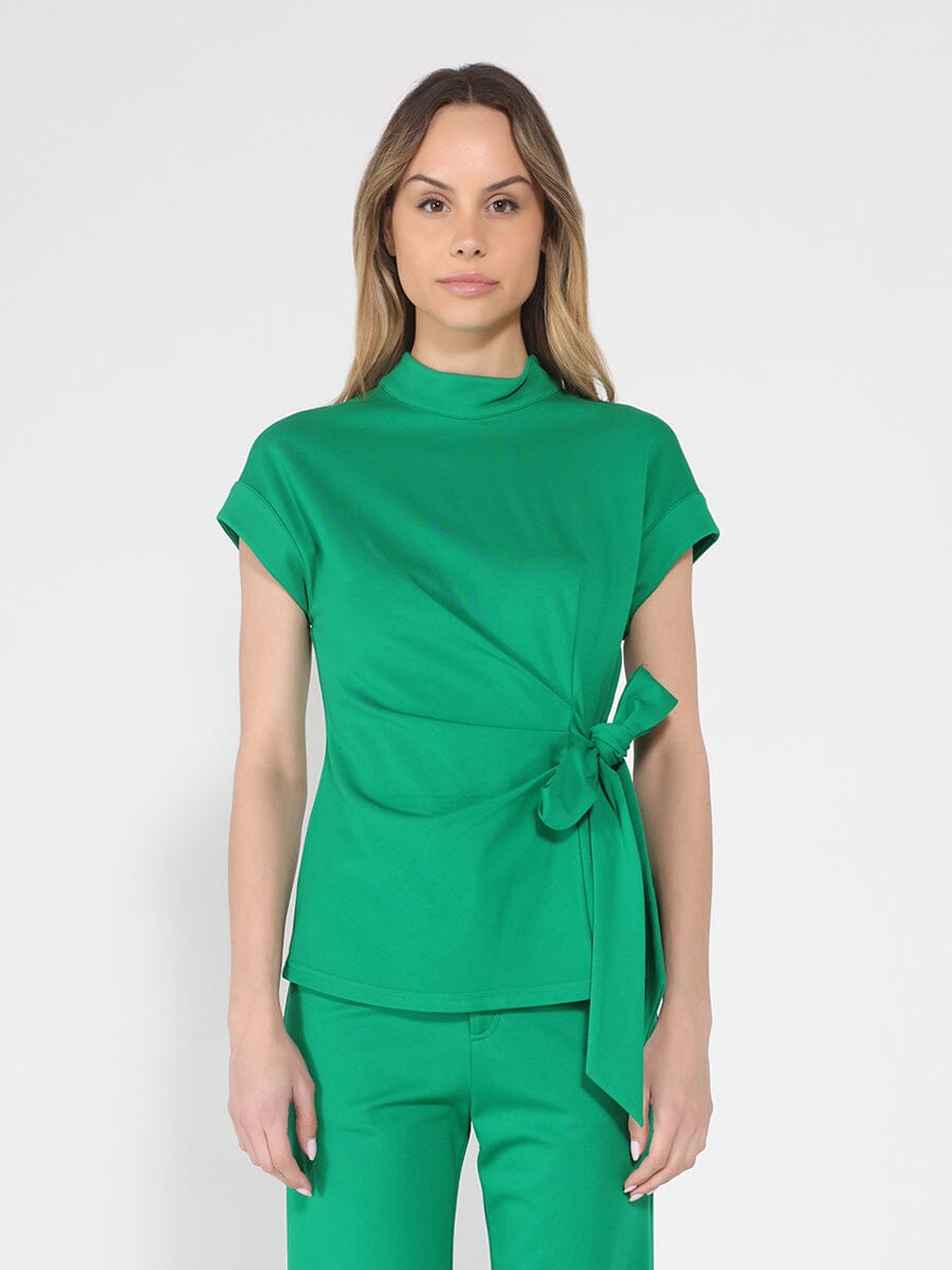 Gracia Fashion Women's High neck tie detail short sleeve solid top