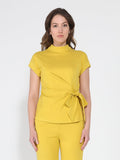 Gracia Fashion Women's High neck tie detail short sleeve solid top