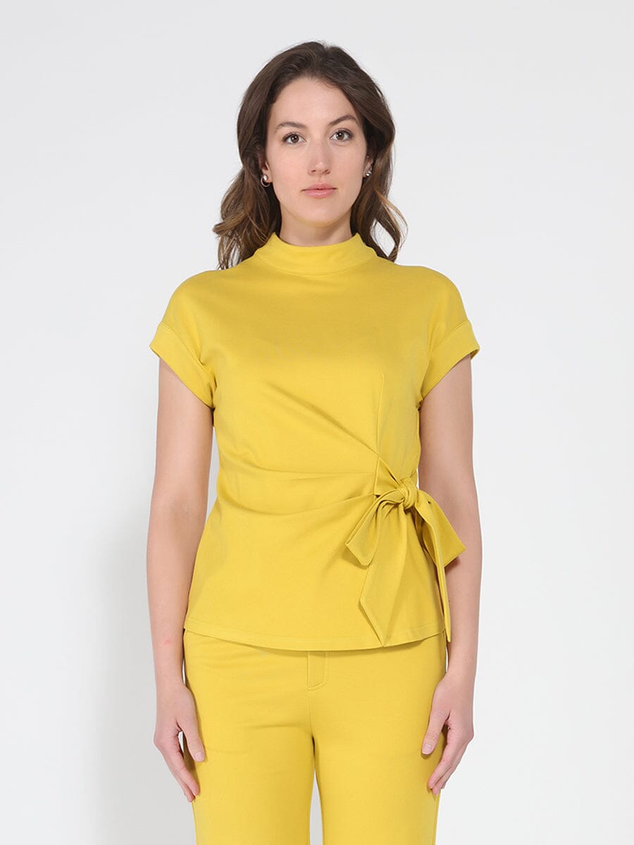 Gracia Fashion Women's High neck tie detail short sleeve solid top