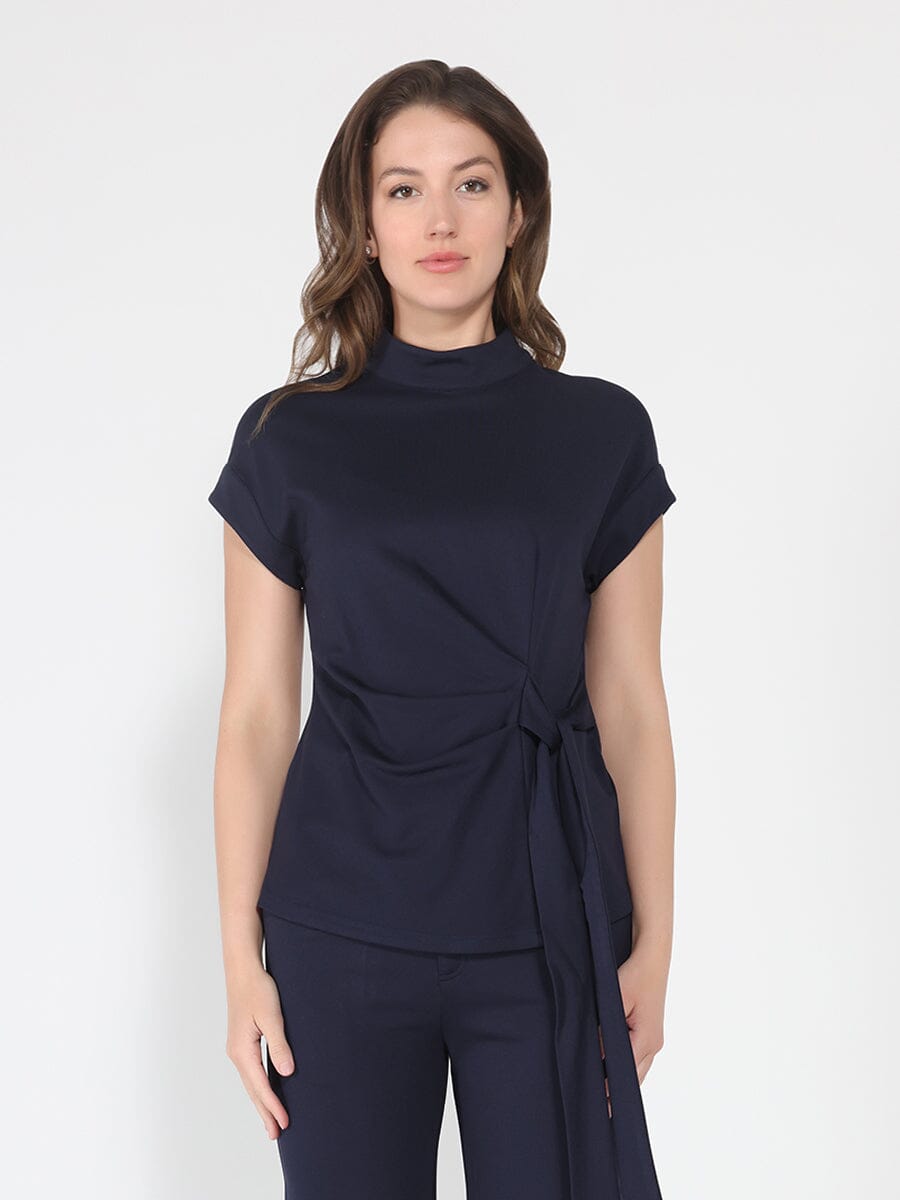 Gracia Fashion Women's High neck tie detail short sleeve solid top